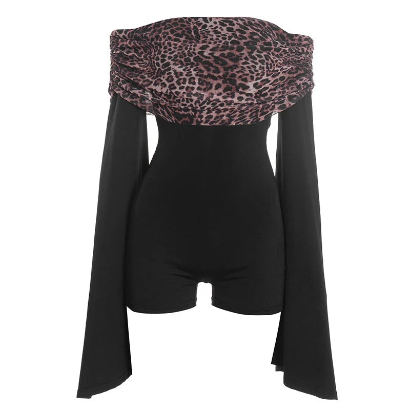 Grunge jumpsuit met uitlopende mouwen en blote schouders, luipaardprint