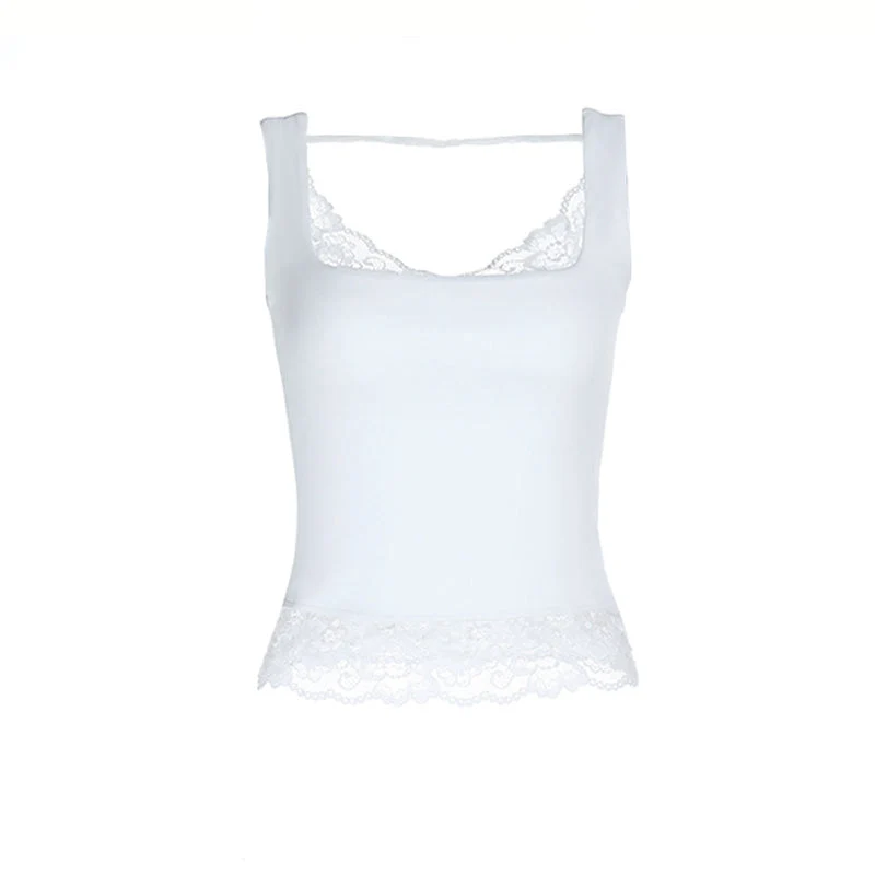 effen tanktop met kanten zoom, V-hals en open rug