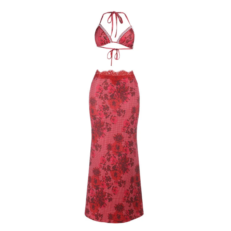 Fairycore maxi rok set met bloemenprint en kanten zoom