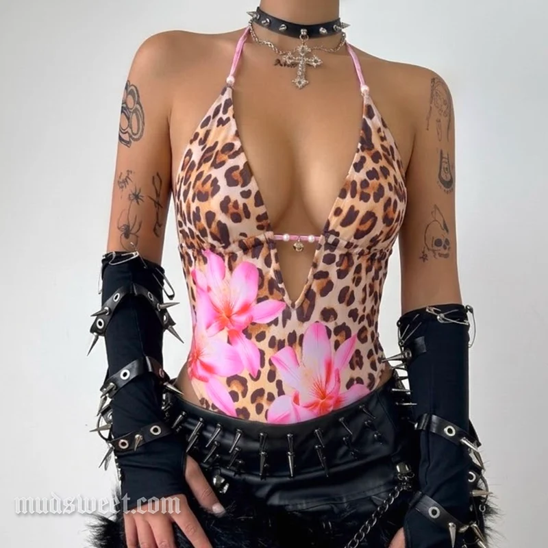 Goth leopard print v neck halter bodysuit