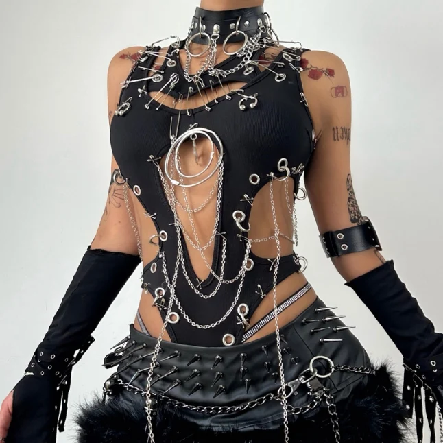 Goth hollow out o ring metal chain bodysuit