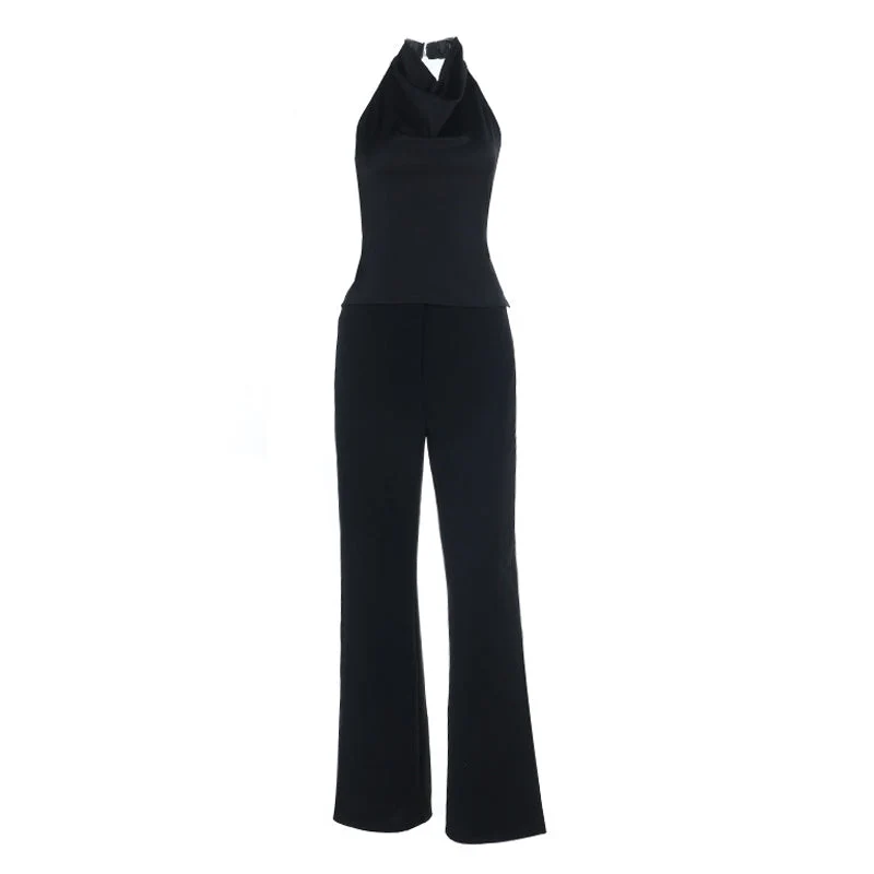 Grunge halter backless button pant set