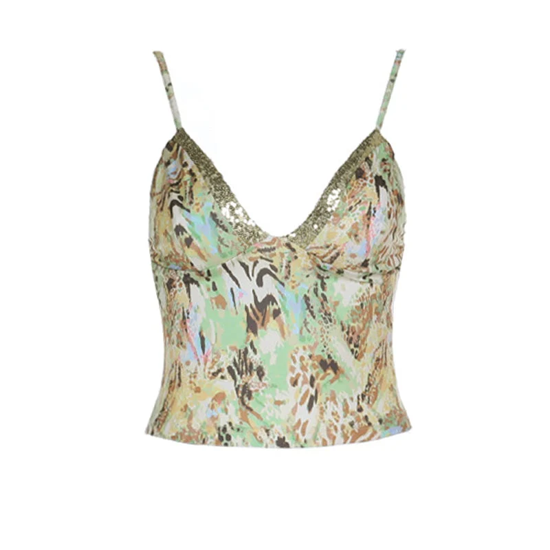 Glinsterende V-hals print cami top zonder rug