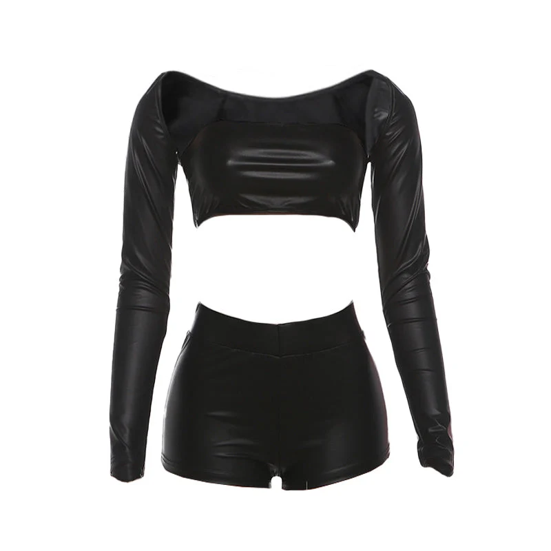 Goth PU leather long sleeve pant set