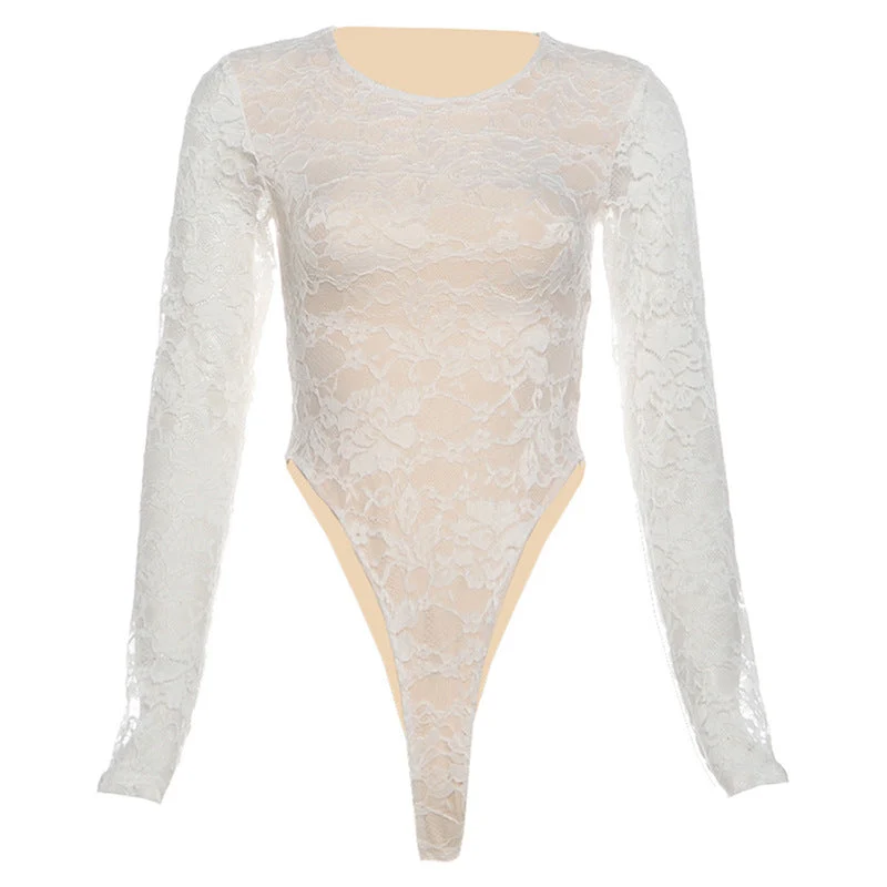 Bodysuit met lange mouwen, ronde hals en kant
