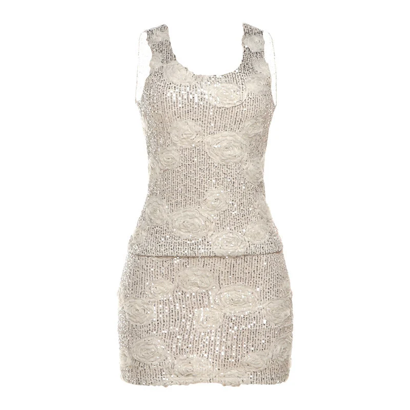 Glitterende U-hals tanktop met bloemenapplicaties en minirokje set