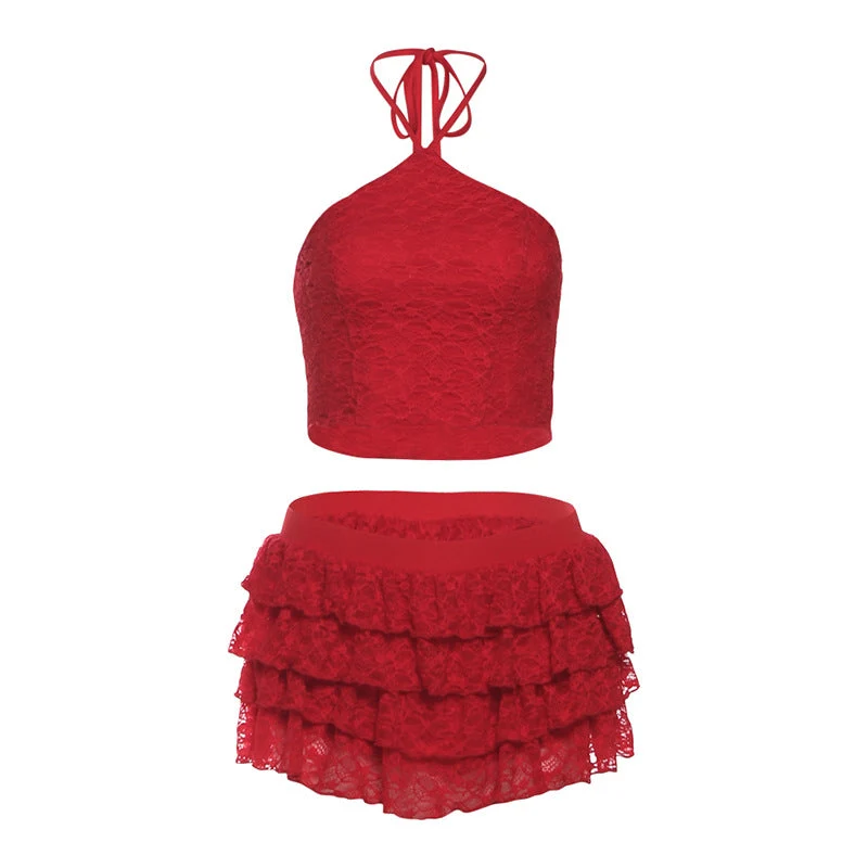 Halter minirok met strikceintuur en kanten ruches, set