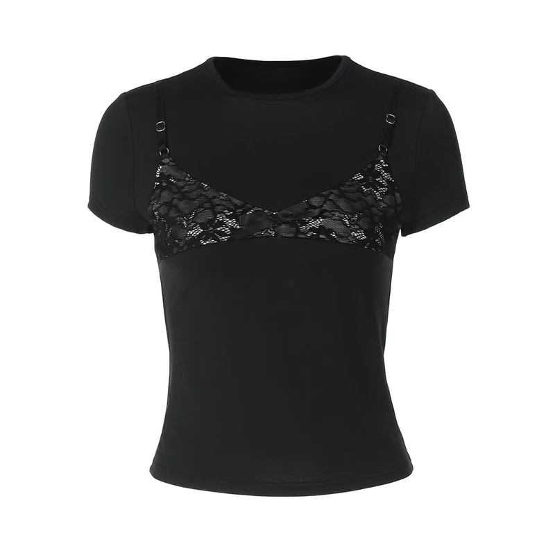 Fairycore kanten patchwork top met korte mouwen