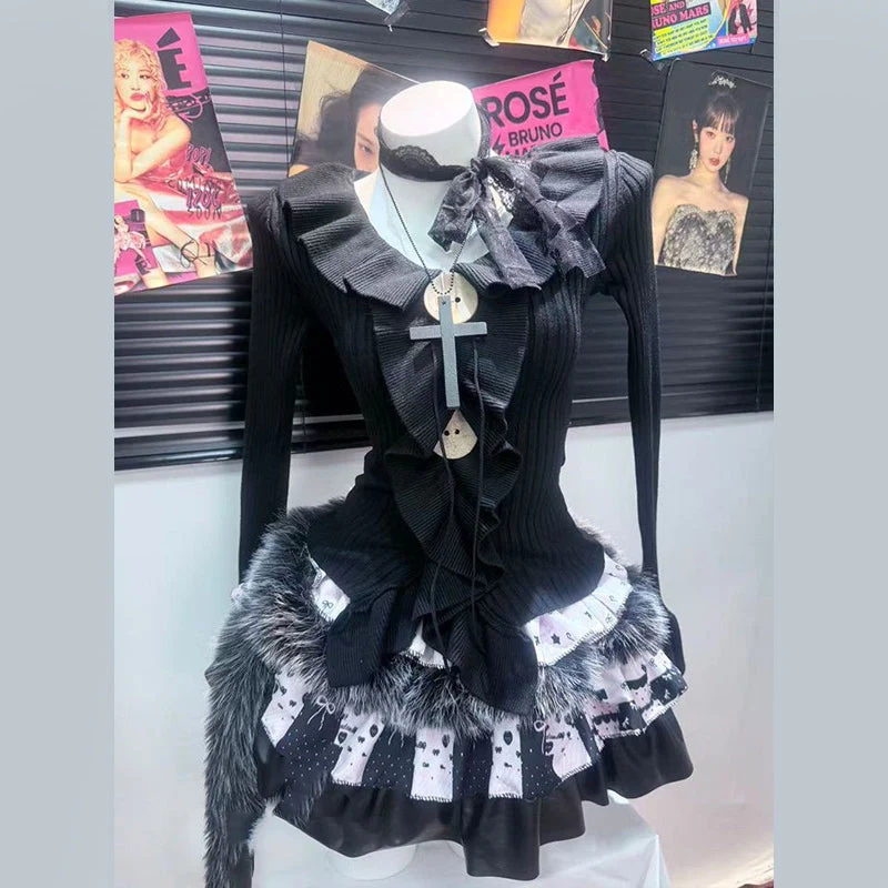 Fairycore minirok met lange mouwen, ruches en pluizige details
