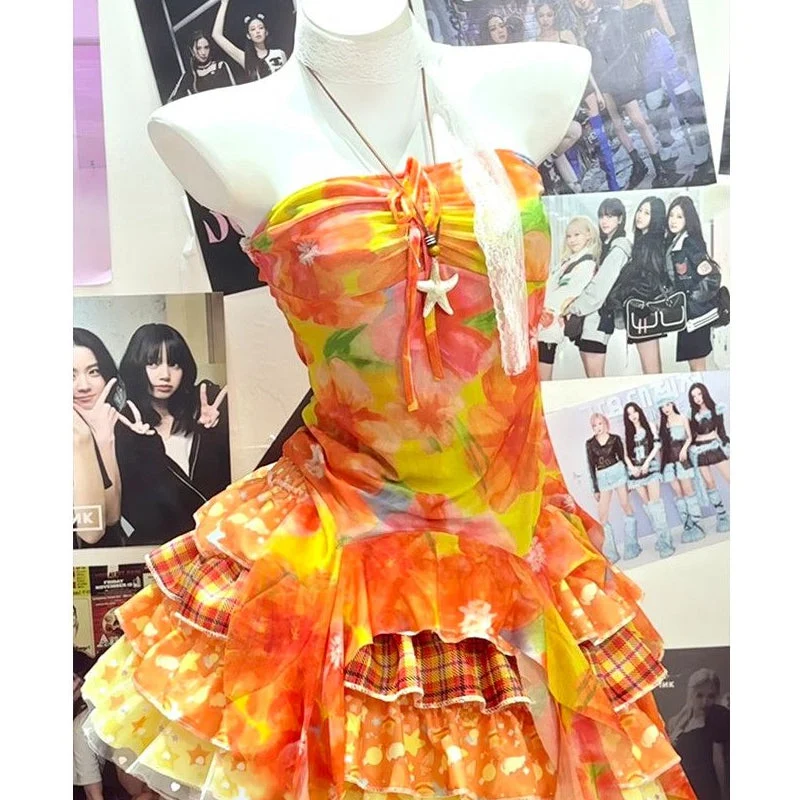Fairycore halterrokje met ruches, ruitjespatroon en patchwork minirokje set