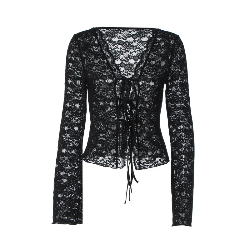 Fairycore v neck lace see through self tie top