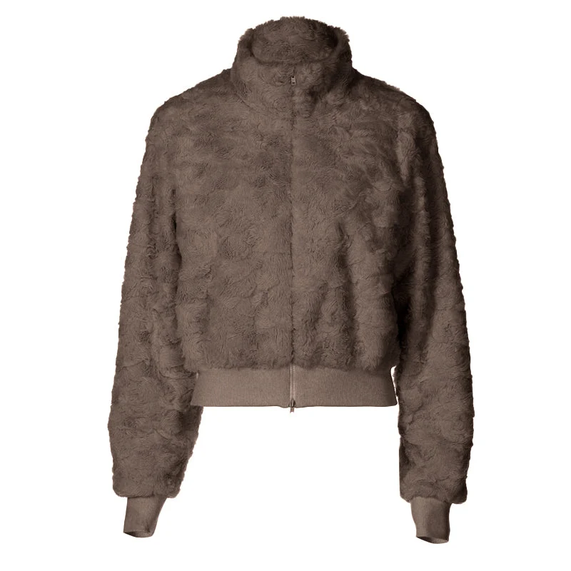 Grunge pluizige top met lange mouwen, ritssluiting en hoge hals