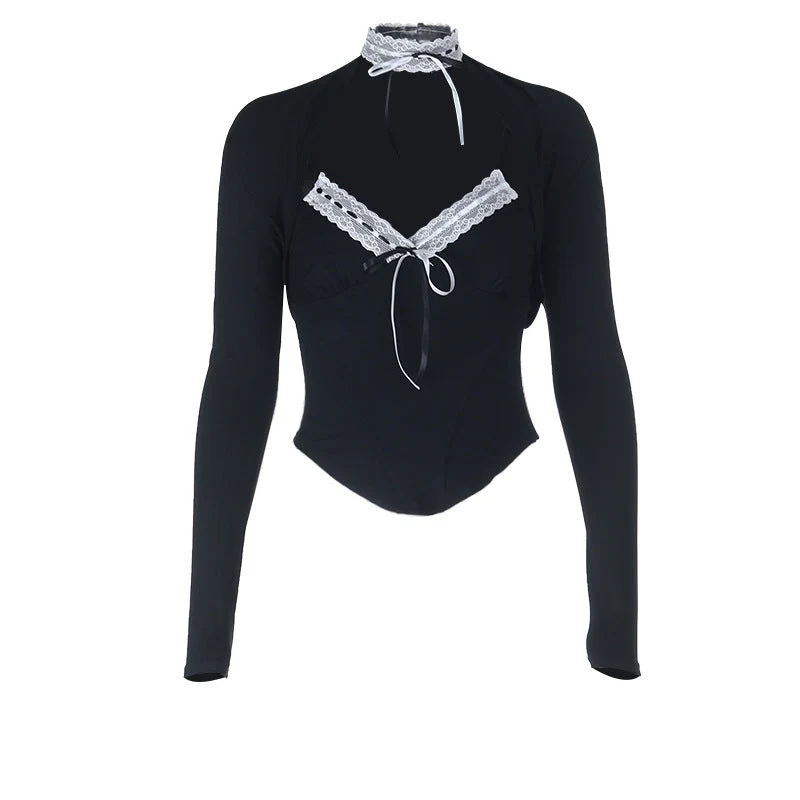 Grunge top met lange mouwen en strikceintuur in V-hals