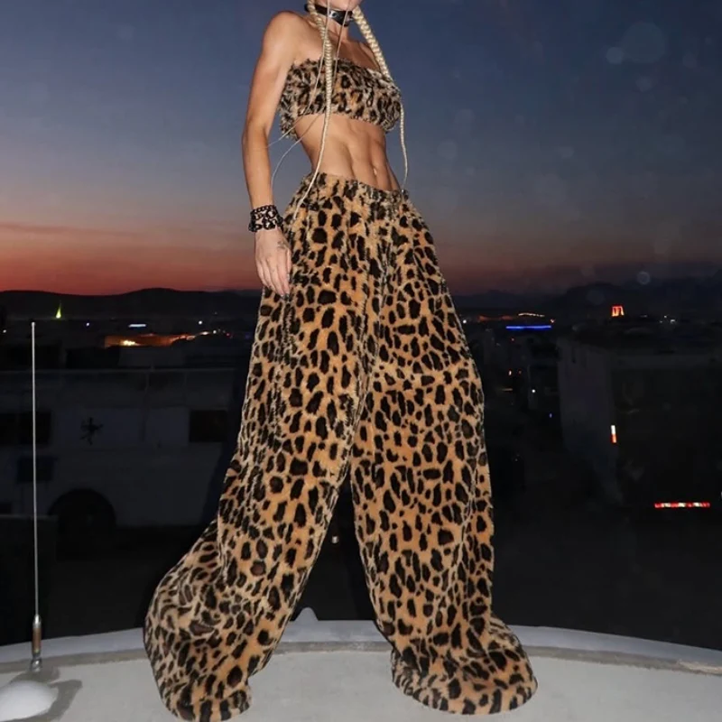 Grunge leopard print fluffy tube pant set