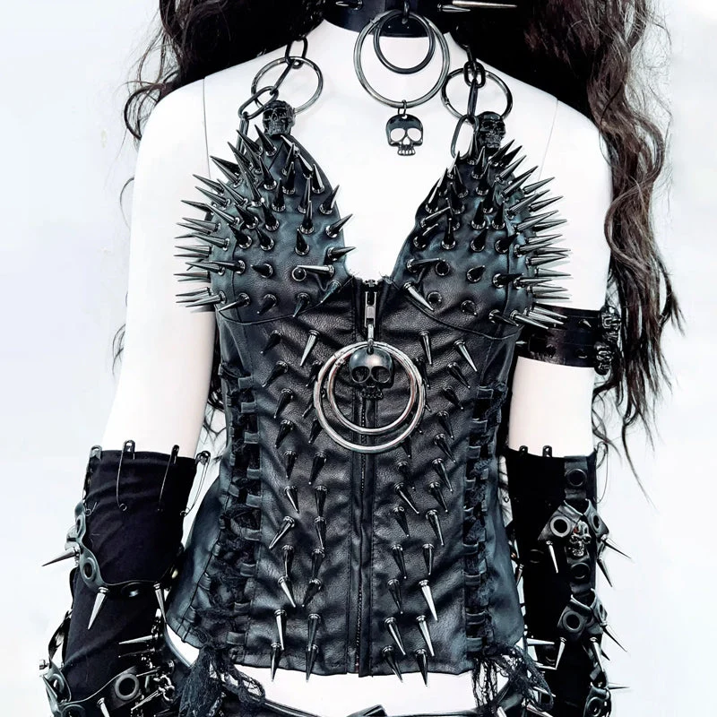 Goth o ring zip-up PU leather top
