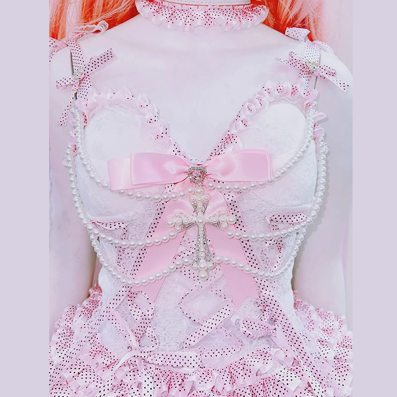 Fairycore bowknot beaded ruffle cami top