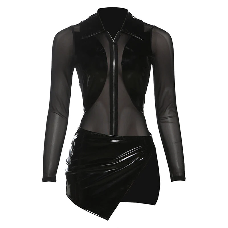 Goth turnover collar PU leather mini skirt set