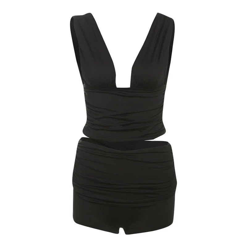 Grunge V-hals geplooide korte broek set