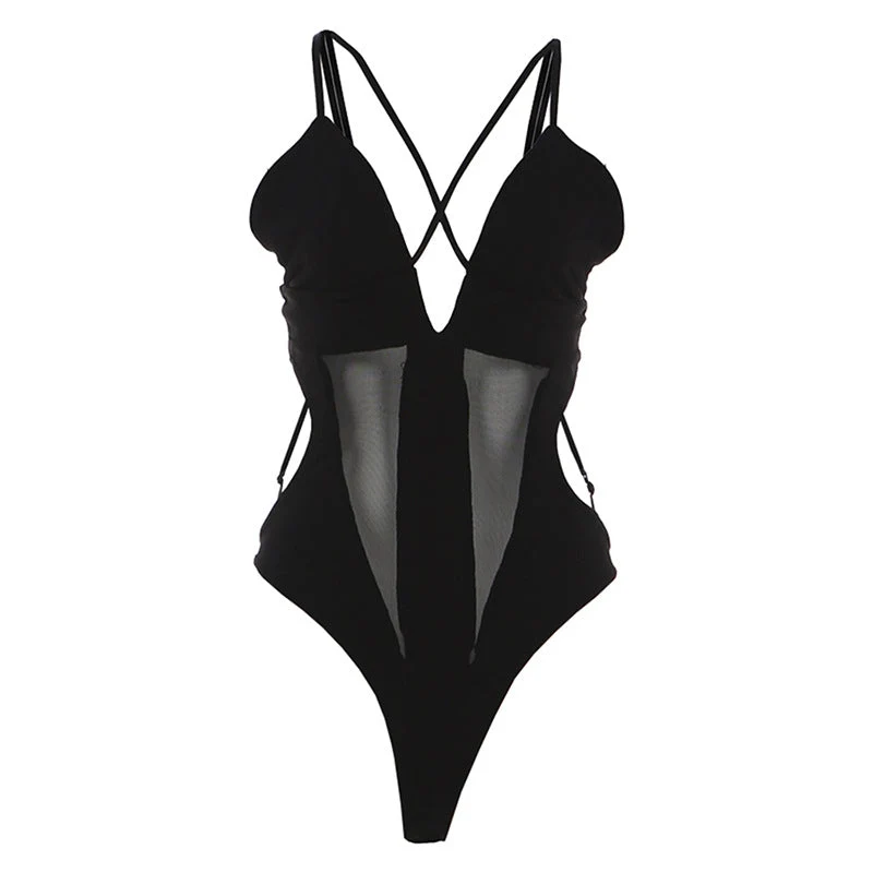 Gotische bodysuit met gekruiste voorkant, V-hals en open details