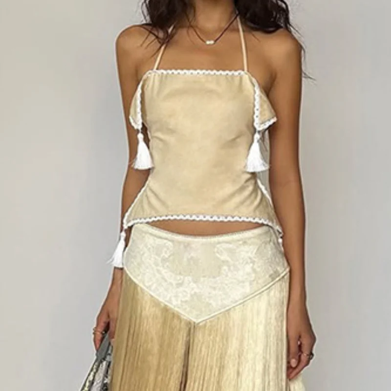Fairycore self tie halter lace hem square neck top