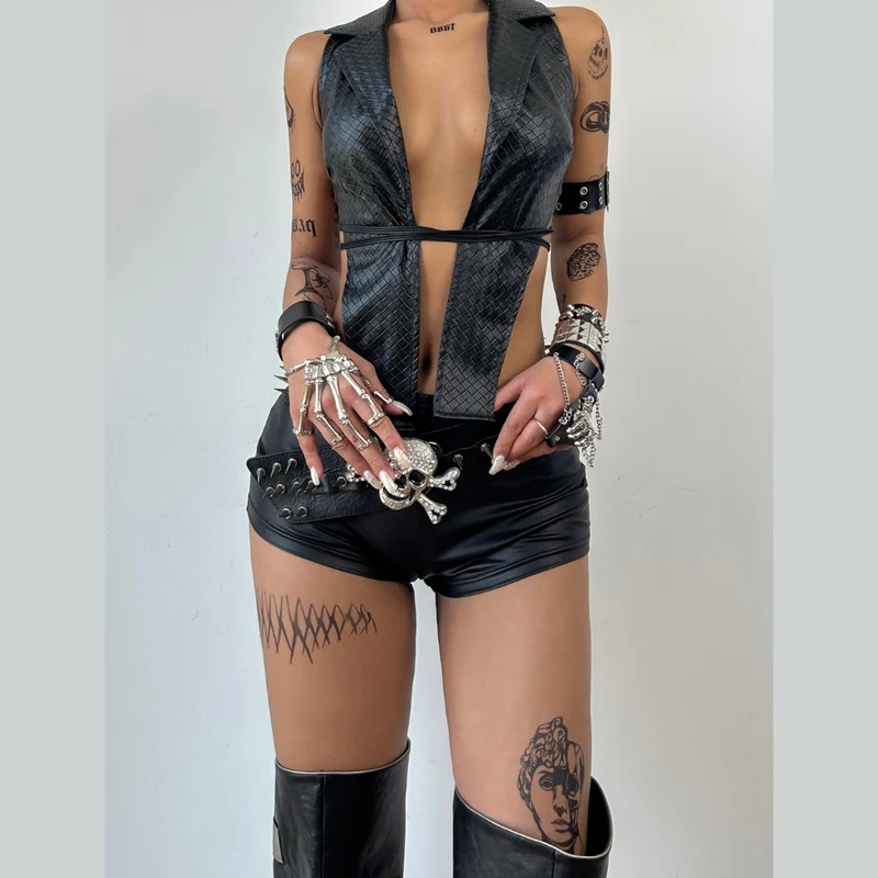 Y2K PU leather self tie cross back pant set
