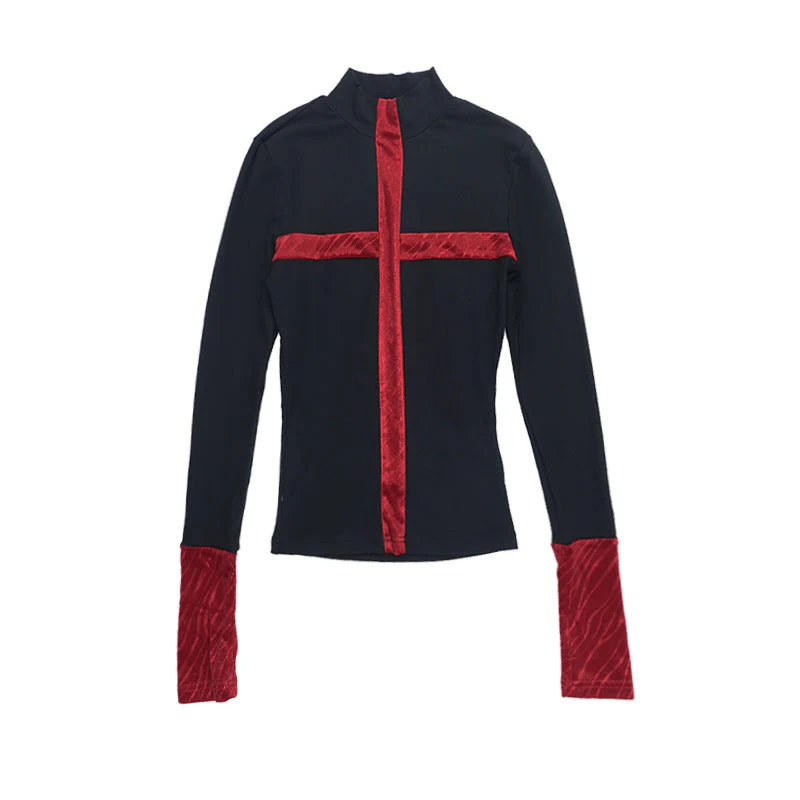 Goth high neck cross pattern long sleeve top