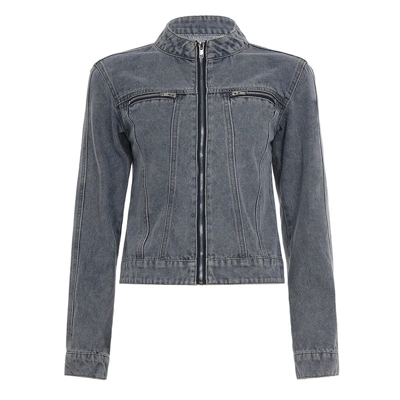 Denim top met ronde hals, rits en lange mouwen