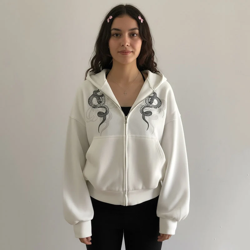 Grunge zip-up snake pattern hoodie top