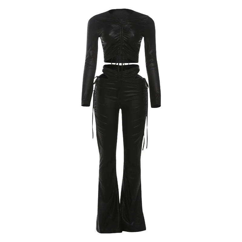 Goth drawstring PU leather hollow out pant set