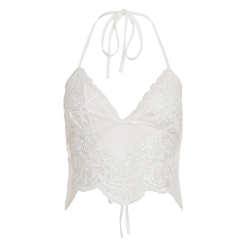 Fairycore halter lace backless v neck top