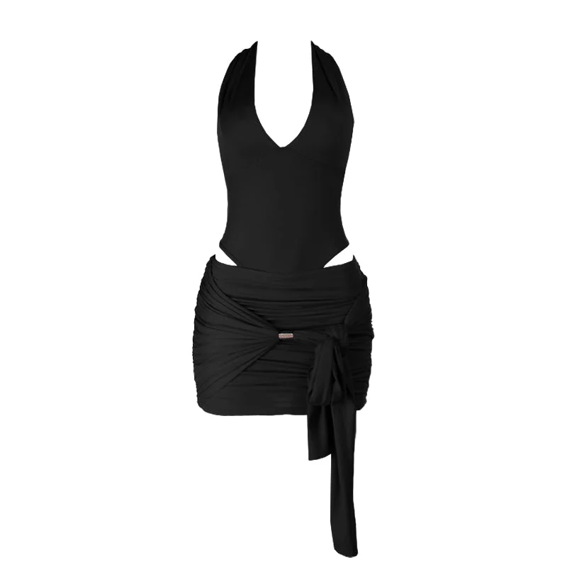 Set met halter, V-hals, gerimpelde, rugloze minirok
