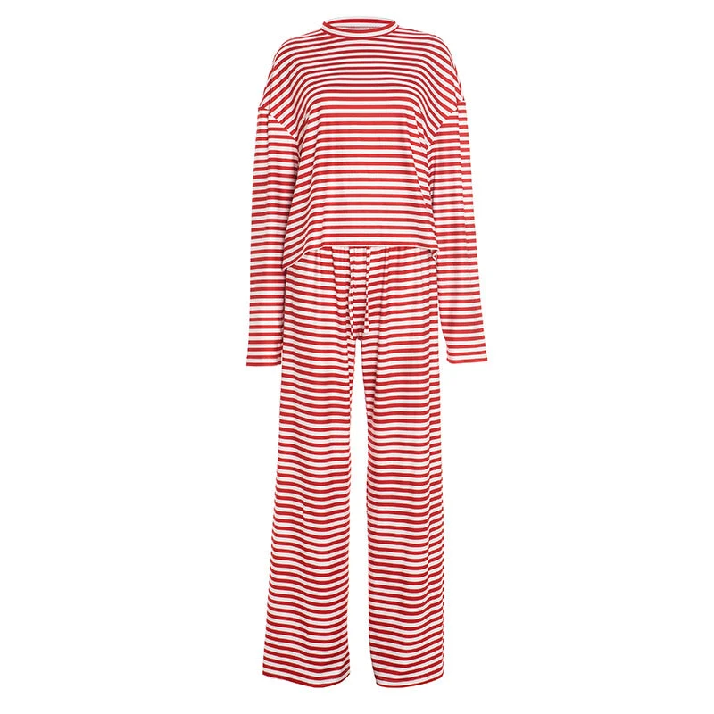 Grunge striped print crewneck drawstring pant set