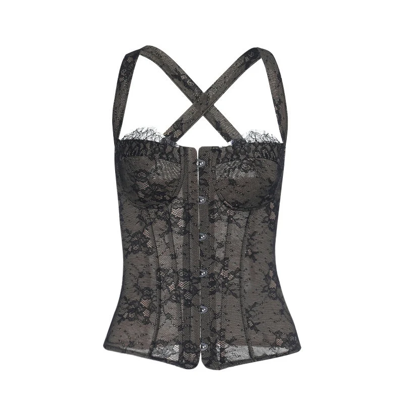 Fairycore cross back lace button backless cami top