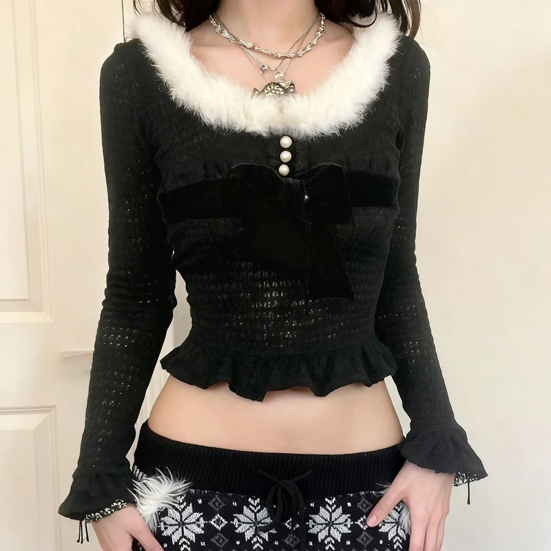 Fairycore long sleeve fluffy ruffle bowknot top
