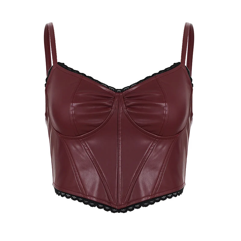 Fairycore lace hem zip-up PU leather cami top
