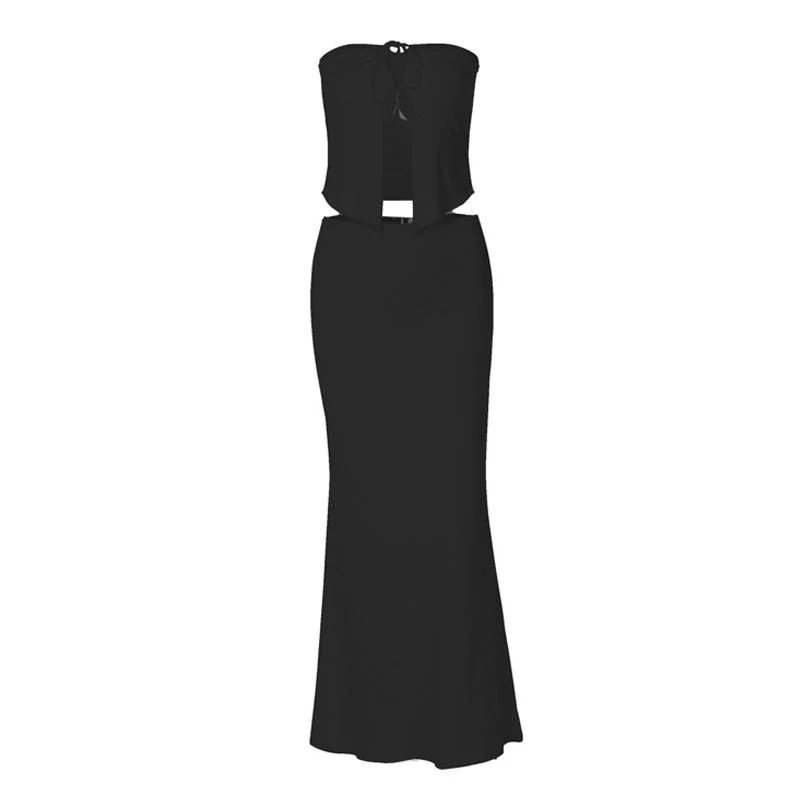 Grunge self tie backless tube maxi skirt set