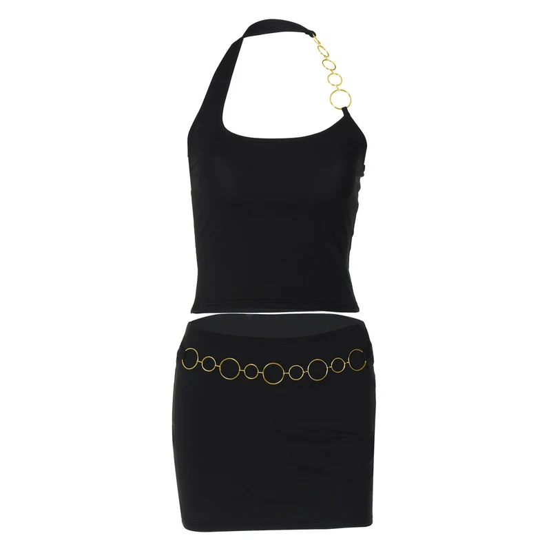 Goth halter metal chain u neck mini skirt set