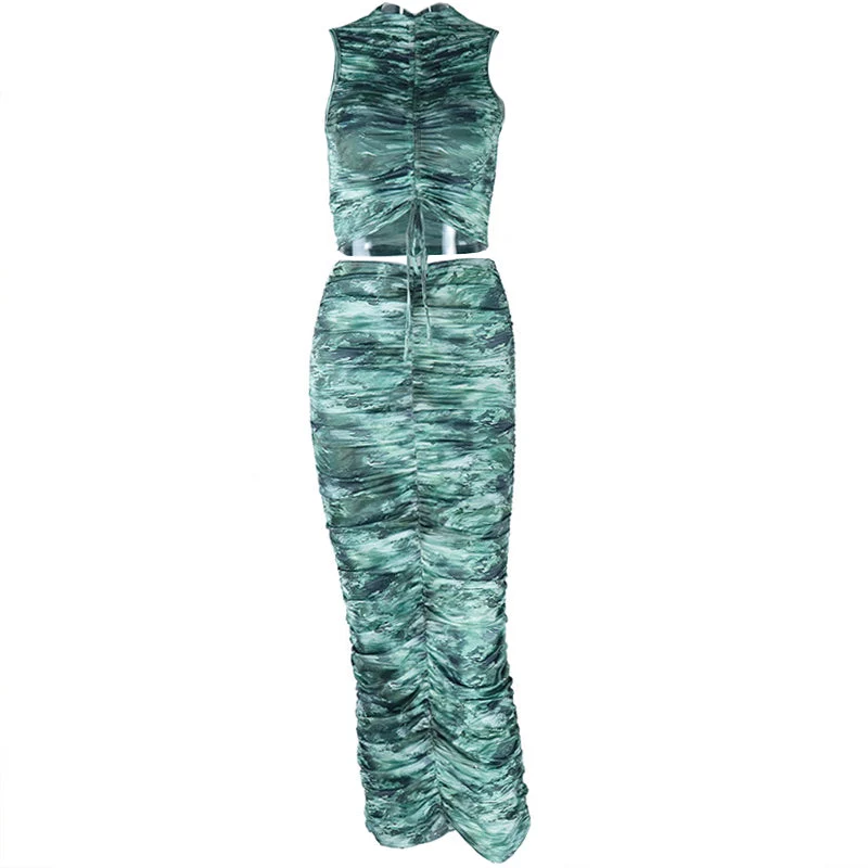 Set van midi-rok met gerimpelde ronde hals en print