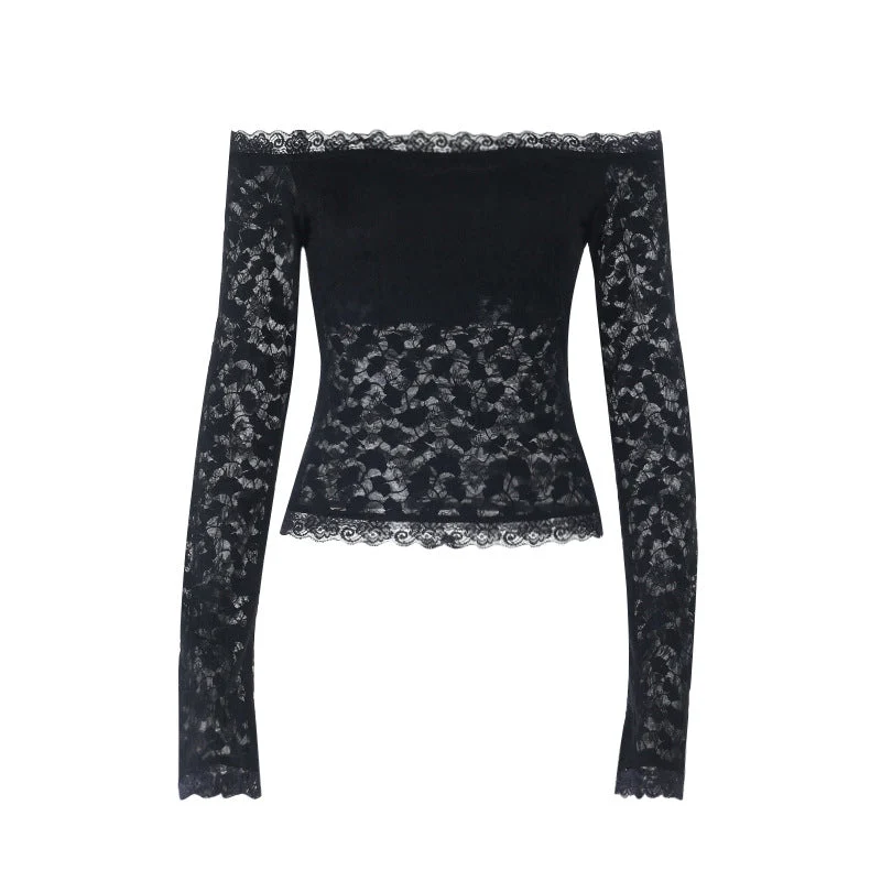 Lange mouwen off-shoulder kanten effen top