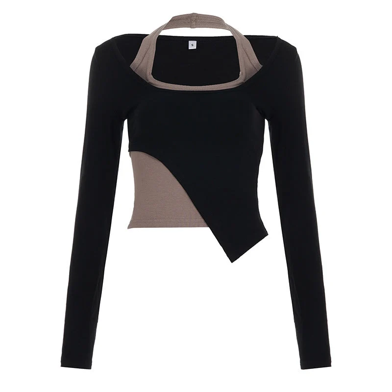 Grunge long sleeve halter patchwork top