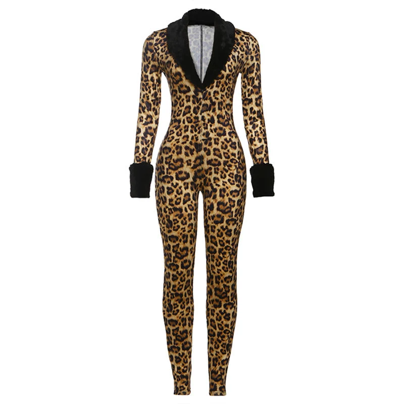 Lange mouwen V-hals luipaardprint pluizige jumpsuit