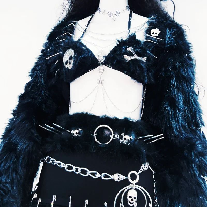 Goth fluffy v neck metal chain top
