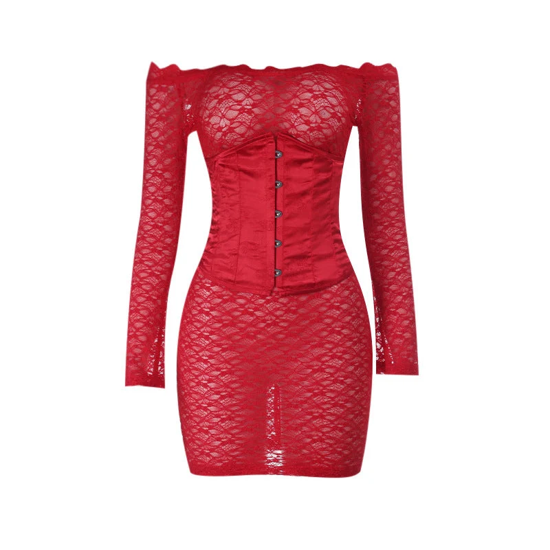 Off-shoulder lange mouwen kanten corset veter 2-delige mini-jurk