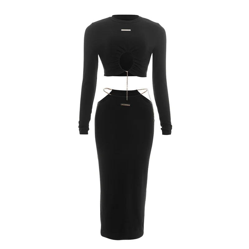 Set van maxi-rok met lange mouwen, ronde hals en metalen label