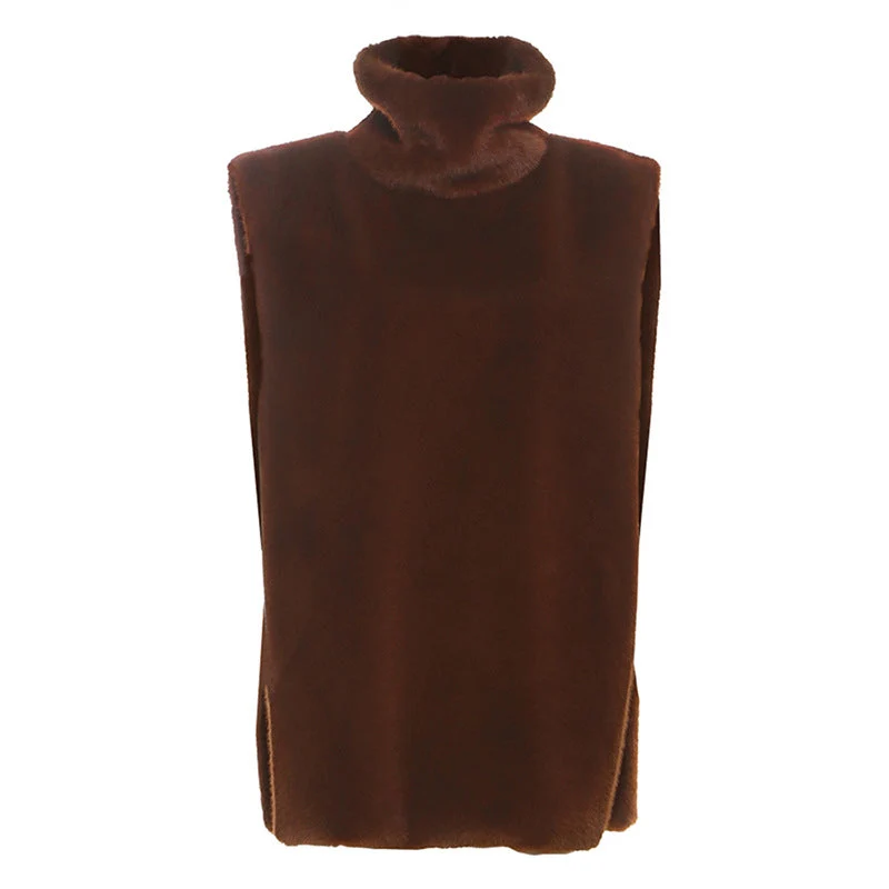 Grunge mouwloze top met hoge hals en pluizige details