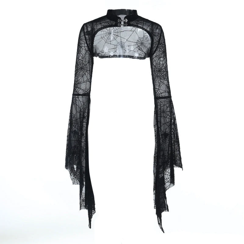 Gotische top met lange, uitlopende mouwen en mesh-details, met knoopsluiting.