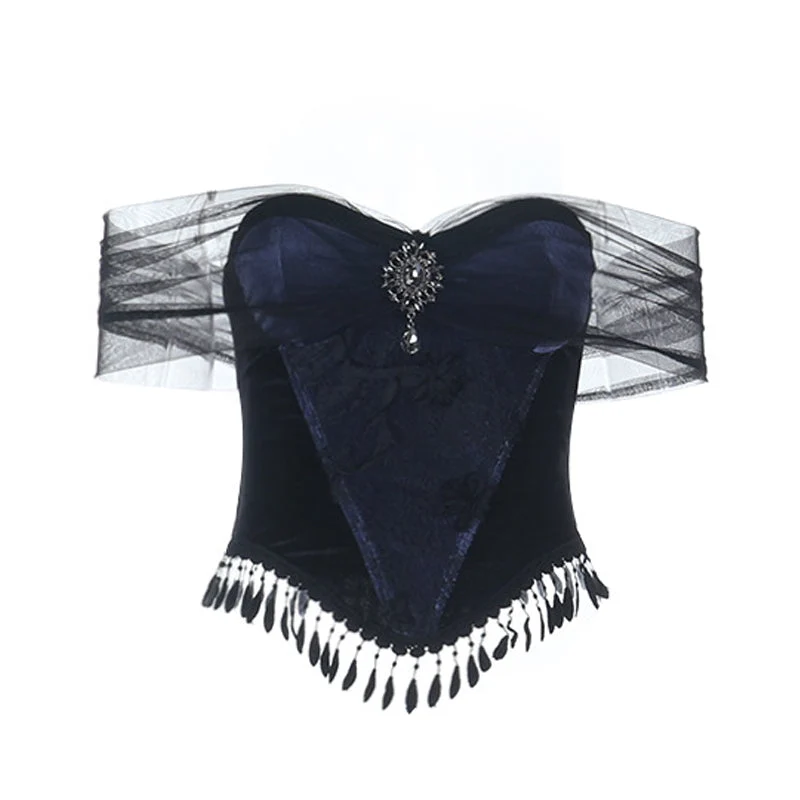 Gotische off-shoulder mesh tube top met open rug