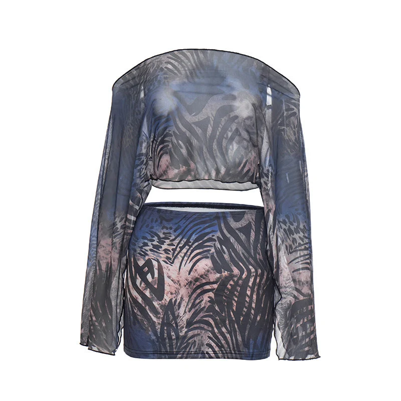 Set van mesh minirok met lange mouwen en off-shoulder print