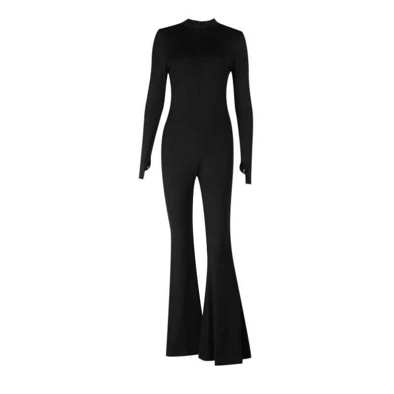 Handschoenen lange mouwen ronde hals rits effen jumpsuit