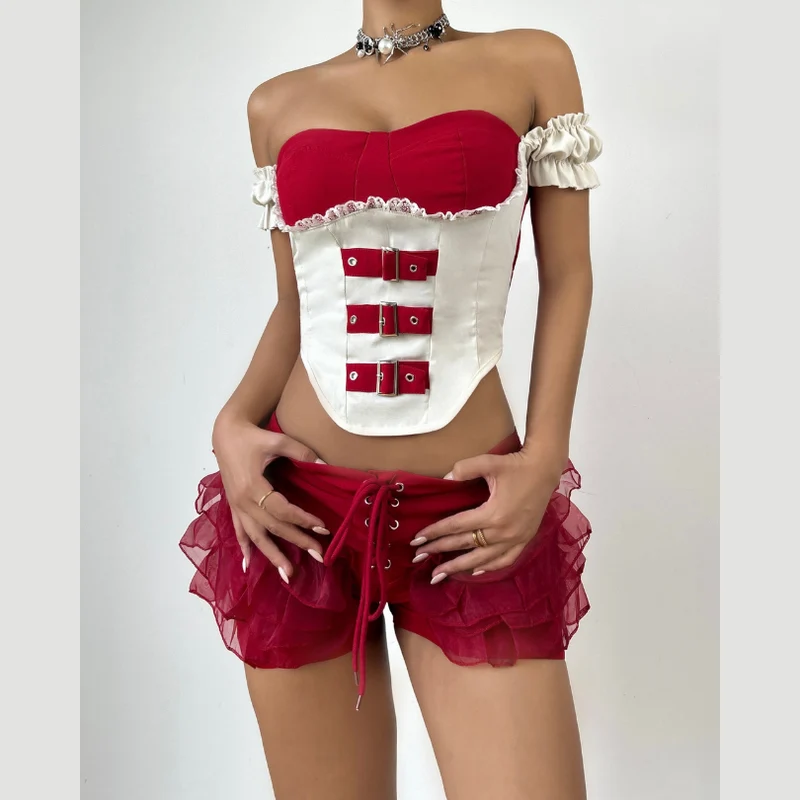 Fairycore off shoulder ruffle short pant set
